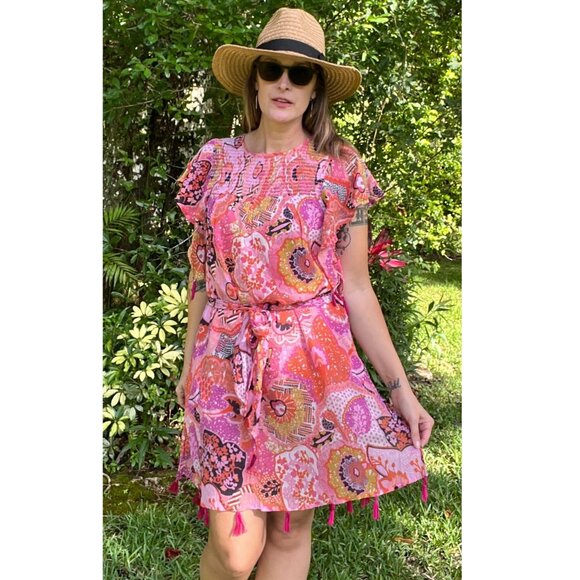 Banjanan Printed Mini Dress Belted Flutter Sleeve Tassel Trim Floral Pink M/L - Picture 1 of 16